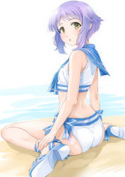 Rule 34 | 1girl, :o, ass, bare arms, bare shoulders, beach, bikini, blue sailor collar, blush, brown eyes, commentary request, from behind, idolmaster, idolmaster million live!, looking at viewer, looking back, makabe mizuki, miri (ago550421), parted lips, purple hair, sailor bikini, sailor collar, sailor swimsuit (idolmaster), sand, sandals, shoe soles, sitting, solo, swimsuit, wariza, water, white background, white bikini, white footwear
