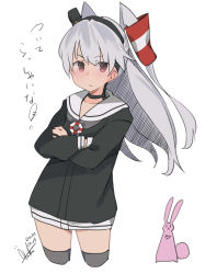 Rule 34 | 1girl, absurdres, amatsukaze (kancolle), black dress, blush, closed mouth, commentary request, cowboy shot, dated, dress, grey hair, grey thighhighs, hair ornament, highres, inica, kantai collection, long hair, rabbit, sailor collar, sailor dress, signature, simple background, solo, thighhighs, two side up, white background, white sailor collar