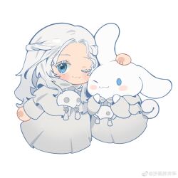 Rule 34 | 1girl, :3, ;3, blue eyes, blush stickers, braid, capelet, chibi, chinese commentary, cinnamoroll, colored eyelashes, commentary request, final fantasy, final fantasy xiv, full body, half updo, hand on another&#039;s head, hands up, heads together, highres, hood, hood down, hooded capelet, long hair, long sleeves, looking at viewer, mask, mask around neck, one eye closed, robe, sanrio, shacha ban jing nian, simple background, single braid, smile, solid oval eyes, square enix, standing, tail, tassel, unworn mask, venat (ff14), weibo logo, weibo watermark, white background, white capelet, white hair, white robe