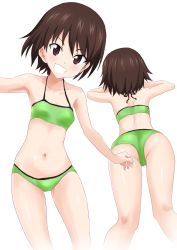 Rule 34 | 10s, 1girl, bad id, bad twitter id, bare arms, bare legs, bare shoulders, bikini, breasts, brown eyes, brown hair, from behind, gin&#039;you haru, girls und panzer, green bikini, grin, halterneck, halterneck, highres, inactive account, isobe noriko, looking at viewer, multiple views, navel, short hair, simple background, small breasts, smile, stomach, swimsuit, white background