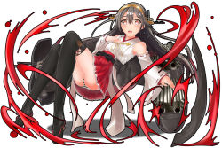 Rule 34 | 10s, 1girl, bad id, bad pixiv id, bare shoulders, black footwear, black hair, boots, detached sleeves, haruna (kancolle), headgear, kantai collection, long hair, nontraditional miko, open mouth, panties, personification, red eyes, ribbon-trimmed sleeves, ribbon trim, sash, striped clothes, striped panties, thigh boots, thighhighs, turret, underwear, vyowolf