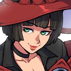 Rule 34 | 1girl, akairiot, black hair, commission, green eyes, guilty gear, guilty gear strive, hat, i-no, looking at viewer, mole, mole above mouth, red hat, short hair, smile, solo