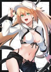 Rule 34 | 1girl, absurdres, artoria caster (fate), artoria caster (swimsuit) (fate), artoria caster (swimsuit) (first ascension) (fate), artoria pendragon (fate), bikini, black ribbon, blonde hair, bracelet, breasts, fate/grand order, fate (series), green eyes, hair between eyes, highres, jacket, jewelry, long hair, long sleeves, midnight 0232, ribbon, simple background, small breasts, sunlight, swimsuit, teeth, twintails, uvula, white bikini, white headwear, white jacket
