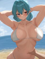Rule 34 | 1girl, absurdres, arms behind head, beach, bikini, blue hair, blurry, blurry background, blush, breasts, cleavage, closed mouth, collarbone, hair intakes, hetero, highres, horizon, large breasts, looking at viewer, moriforest1040, navel, ocean, outdoors, short hair, sky, solo, solo focus, swimsuit, tatara kogasa, touhou, upper body, white bikini
