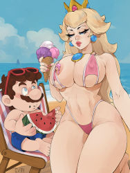 Rule 34 | 1boy, 1girl, artist name, barefoot, beach, bikini, blonde hair, blue eyes, breasts, brown hair, crown, curvy, day, deck chair, earrings, eating, emmanuel viola, eyewear on head, facial hair, food, fruit, highleg, highleg bikini, holding, holding food, holding ice cream, ice cream, ice cream cone, jewelry, large breasts, long hair, looking at another, makeup, mario, mario (series), mustache, nail polish, navel, nintendo, nipples, ocean, parted lips, princess peach, sitting, spitting, stomach, sunglasses, swimsuit, thick thighs, thighs, watermelon