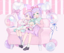 Rule 34 | 3girls, :d, ahoge, baby, balloon, beret, black footwear, bow, collared shirt, commentary request, couch, full body, green eyes, green skirt, hair bow, happy, hat, highres, jewlie (pripara), loafers, long hair, long sleeves, looking at another, looking down, machico maki, manaka laala, manaka non, manaka non (normal), multiple girls, open mouth, pink background, pink bow, pink shirt, pretty series, pripara, purple hair, purple skirt, shirt, shoes, short hair, siblings, sisters, sitting, skirt, smile, socks, twintails, white shirt, white socks