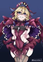 Rule 34 | 1girl, armor, black thighhighs, blonde hair, blue eyes, blush, braid, breasts, carol malus dienheim, clothing cutout, elbow gloves, funkysatou, garter straps, gloves, hat, long hair, looking at viewer, mole, mole under eye, parted lips, pauldrons, senki zesshou symphogear, shiny skin, shoulder armor, side cutout, sideless outfit, skindentation, skirt, small breasts, smile, solo, standing, thighhighs, thighs