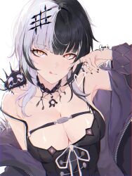Rule 34 | 1girl, :q, absurdres, black choker, black hair, black nails, breasts, chest belt, choker, chyraliss, cleavage, closed mouth, hair ornament, harness, highres, hololive, hololive english, jacket, large breasts, looking at viewer, multicolored hair, off shoulder, shiori novella, shiori novella (1st costume), solo, strap slip, tongue, tongue out, two-tone hair, upper body, virtual youtuber, white hair, yellow eyes, yorick (shiori novella)