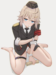 Rule 34 | 1girl, absurdres, armband, barefoot, black hat, black jacket, black necktie, blonde hair, blue eyes, buttoned cuffs, buttons, commentary, commission, crossed bangs, english commentary, feet, full body, garrison cap, girls&#039; frontline, grin, hair ornament, hairclip, hand on own arm, hat, highres, holding, holding scroll, iicedcola, jacket, light blush, looking at viewer, military, military hat, military jacket, military uniform, mp41 (girls&#039; frontline), necktie, no pants, panties, pixiv commission, pussy, pussy peek, red armband, scroll, shirt, short hair, short sleeves, simple background, sitting, smile, solo, thigh strap, toenails, toes, underwear, uniform, wariza, white background, white panties, white shirt, white wrist cuffs, wrist cuffs