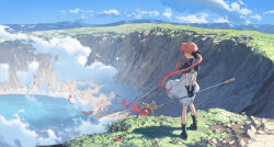 Rule 34 | 1girl, absurdres, arms behind back, black footwear, black gloves, bow, cloud, dress, from behind, gloves, grass, hair bow, hair ornament, highres, hirooka masaki, holding, holding wand, landscape, long hair, mountainous horizon, nature, original, outdoors, pink hair, ponytail, rock, scenery, sidelocks, sky, solo, standing, wand, water, wide shot