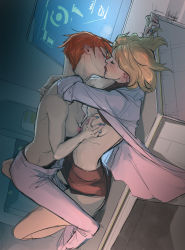 Rule 34 | 2girls, afterlaughs, arms around neck, blue nails, blush, grabbing another&#039;s breast, breasts, closed eyes, clothes lift, commentary, deep skin, dutch angle, english commentary, freckles, french kiss, girl on top, grabbing, highres, kiss, lab coat, medium breasts, mercy (overwatch), miniskirt, moira (overwatch), multiple girls, nail polish, nipples, no bra, on table, open pants, orange hair, overwatch, overwatch 1, pants, shirt lift, short hair, skirt, small breasts, table, topless, yuri