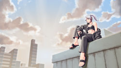 Rule 34 | 1girl, abs, black bra, black footwear, black pants, bra, building, city, cityscape, cloud, cloudy sky, day, expressionless, gradient sky, half mask, highres, jacket, lyoung0j, mask, open clothes, open jacket, original, pants, ponytail, sandals, sitting, sky, skyscraper, solo, underwear, white hair