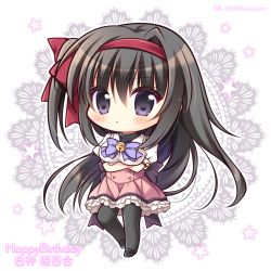 Rule 34 | 1girl, bad id, bad pixiv id, bell, black footwear, black hair, black pantyhose, blush, bow, breasts, character name, chibi, closed mouth, commentary request, crossed arms, frilled skirt, frills, hair between eyes, hair bow, hairband, happy birthday, high-waist skirt, jingle bell, long hair, looking at viewer, magical charming!, medium breasts, one side up, pantyhose, pink skirt, pleated skirt, puffy short sleeves, puffy sleeves, purple bow, purple eyes, red bow, red hairband, ryuuka sane, shirakano himeyuri, shirt, shoes, short sleeves, skirt, solo, standing, standing on one leg, star (symbol), twitter username, very long hair, white background, white shirt
