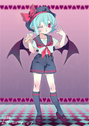 Rule 34 | 1girl, alternate costume, alternate headwear, bat wings, black socks, blue hair, blurry, bow, checkered floor, curtain (posuinochuanglian), dated, food, food on face, full body, gradient background, hat, hat bow, heart, ice cream, ice cream cone, kneehighs, light particles, looking at viewer, mary janes, one eye closed, open mouth, red eyes, remilia scarlet, sailor collar, shirt, shoes, short hair, short sleeves, shorts, socks, solo, touhou, wings
