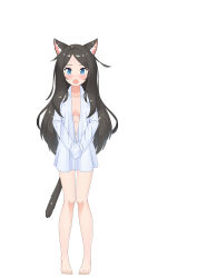 Rule 34 | 1girl, absurdres, aina (mao lian), animal ears, barefoot, black hair, blue eyes, blush, breasts, cat ears, cat tail, dress shirt, full body, highres, long hair, looking at viewer, mao lian (nekokao), medium breasts, naked shirt, navel, no bra, no pants, open clothes, open mouth, open shirt, original, own hands together, shirt, simple background, sleeves past wrists, solo, standing, tail, thigh gap, toes, unbuttoned, unbuttoned shirt, white background, white shirt