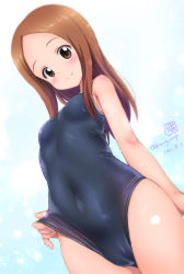 Rule 34 | 1girl, blue one-piece swimsuit, blush, breasts, brown eyes, brown hair, closed mouth, clothes pull, covered navel, highres, kamogawa tanuki, karakai jouzu no takagi-san, legs together, looking at viewer, medium hair, one-piece swimsuit, one-piece swimsuit pull, parted bangs, pulling own clothes, school swimsuit, shiny clothes, shiny skin, small breasts, smile, solo, standing, swimsuit, takagi-san