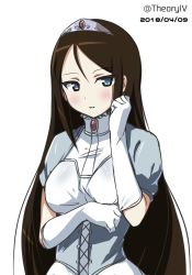 Rule 34 | 10s, 1girl, aegis (nerocc), alternate costume, black hair, blue eyes, brooch, commentary, corset, dated, dress, elbow gloves, girls und panzer, gloves, grey dress, high collar, highres, jewelry, long hair, looking at viewer, nonna (girls und panzer), one-hour drawing challenge, parted lips, princess, short sleeves, simple background, solo, standing, swept bangs, tiara, twitter username, upper body, white background, white gloves