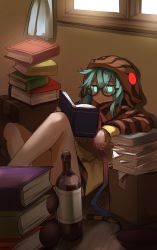 Rule 34 | 1girl, blue hair, book, bow, bowtie, commentary request, glasses, glowing, glowing eyes, highres, hood, hood up, hoodie, isobee, kemono friends, long sleeves, pink bow, pink bowtie, print hoodie, reading, short hair, sitting, snake print, snake tail, solo, tail, tsuchinoko (kemono friends), yellow hoodie