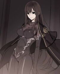 Rule 34 | 1girl, black cape, black eyes, black hair, black pantyhose, black sleeves, cape, closed mouth, long hair, long sleeves, looking at viewer, pantyhose, smile, solo, the novels extra, very long hair, yi byul