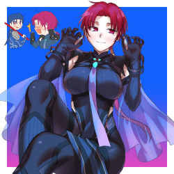 Rule 34 | 1boy, 1girl, bad id, bad pixiv id, bazett fraga mcremitz, black bodysuit, blue hair, blush, bodysuit, breasts, chibi, cu chulainn (fate), cu chulainn (fate/stay night), earrings, embarrassed, fate/grand order, fate/stay night, fate (series), haruyolivine, jewelry, large breasts, long hair, looking at viewer, low ponytail, manannan mac lir (fate), manannan mac lir (second ascension) (fate), mole, mole under eye, open mouth, parted bangs, pelvic curtain, red eyes, red hair, sitting, smile, thighs