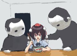 Rule 34 | 1girl, 2others, artist request, black ribbon, blank room soup, bowl, brown hair, collared shirt, crying, crying with eyes open, eating, food, hat, looking at viewer, meme, multiple others, open mouth, parody, pom pom (clothes), rayray, red eyes, ribbon, shameimaru aya, shirt, short hair, soup, spoon, tears, tengu, tokin hat, touhou, white shirt