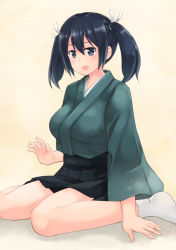 Rule 34 | 10s, 1girl, arm support, bad id, bad pixiv id, black hair, blue eyes, blush, hair ribbon, japanese clothes, kantai collection, kouno hikaru, open mouth, ribbon, short hair, short twintails, sitting, skirt, solo, souryuu (kancolle), twintails, wariza