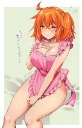 Rule 34 | 1girl, abe inori, apron, blush, breast press, breasts, commentary request, fate/grand order, fate (series), fujimaru ritsuka (female), hair between eyes, hair ornament, large breasts, looking at viewer, naked apron, nude, orange hair, short hair, side ponytail, solo, translation request, yellow eyes