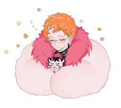 Rule 34 | 1boy, ao (ao0 0nemu), bad id, bad twitter id, closed eyes, closed mouth, commentary request, facing viewer, feather boa, fur trim, glasses, juuouin kakeru, king of prism, male focus, orange hair, pretty rhythm, pretty series, short hair, simple background, sleeping, smile, solo, tiger, upper body, white background, zzz