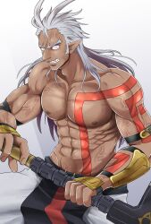 Rule 34 | 1boy, abs, anger vein, dark-skinned male, dark skin, highres, holding, holding sword, holding weapon, huge weapon, looking at viewer, muscular, muscular male, simple background, smile, solo, star ocean, star ocean the second story, sword, tomonaga, topless male, weapon, white background, white hair, zaphkiel (star ocean)