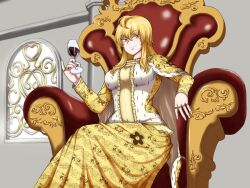 Rule 34 | 1girl, alcohol, blonde hair, breasts, brown eyes, cape, commission, crossed legs, cup, dress, drinking glass, furrowed brow, gem, highres, indoors, isabeau de baviere (madoka magica), jewelry, large breasts, long dress, long hair, long sleeves, magia record: mahou shoujo madoka magica gaiden, mahou shoujo madoka magica, mahou shoujo tart magica, messy hair, monicubase, multiple rings, muscular, muscular female, necklace, pinky out, pixiv commission, queen, red wine, ring, royal robe, sidelocks, sitting, smirk, tall female, throne, wavy hair, wide hips, wine, wine glass