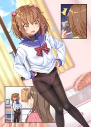 Rule 34 | 2girls, ashida machi, ass, bed, bedroom, black legwear, blush, bow, bow panties, brown eyes, brown hair, caught, cellphone, comic, commentary request, curtains, dressing, gurande (g-size), hair bobbles, hair ornament, highres, holding, holding phone, indoors, long hair, long sleeves, looking back, messy hair, multiple girls, no pants, open mouth, original, panties, panties under pantyhose, pantyhose, phone, pink panties, school uniform, serafuku, short hair, smartphone, standing, sweatdrop, thighband pantyhose, two side up, underwear, window