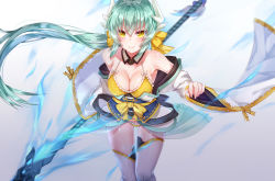 Rule 34 | 1girl, arms at sides, bikini, breasts, cleavage, commentary request, cowboy shot, detached collar, fate (series), gradient background, highres, kiyohime (fate), kiyohime (fate/grand order), kiyohime (swimsuit lancer) (fate), kiyohime (swimsuit lancer) (first ascension) (fate), legs together, midriff peek, sll, solo, standing, swimsuit, thighhighs, white thighhighs, yellow bikini