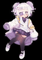 1girl, absurdres, black background, black legwear, eyepatch, full body, highres, open mouth, original, plaid, plaid ribbon, plaid skirt, pleated skirt, purple eyepatch, purple ribbon, purple skirt, ribbon, skirt, sleeves past fingers, sleeves past wrists, smile, socks, solo, thighhighs, upa papa co, white hair
