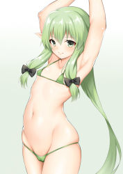 Rule 34 | 10s, 1girl, armpits, arms up, bikini, black bow, blush, bow, breasts, cameltoe, cleft of venus, collarbone, elf, goblin slayer!, green bikini, green eyes, green hair, hair between eyes, hair bow, high elf archer (goblin slayer!), long hair, looking at viewer, micro bikini, navel, pointy ears, simple background, skindentation, small breasts, smile, solo, swimsuit, toshishikisai, very long hair