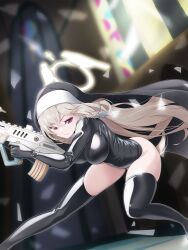 Rule 34 | 1girl, black leotard, black thighhighs, blue archive, breasts, coif, commentary request, grey hair, gun, habit, halo, highres, holding, holding gun, holding weapon, indoors, koflif, large breasts, latex, latex leotard, leotard, long hair, nun, open mouth, red eyes, sakurako (blue archive), solo, stained glass, thighhighs, weapon, yellow halo