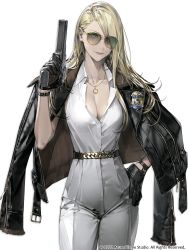 Rule 34 | 1girl, belt, black gloves, breasts, closed mouth, collarbone, commentary request, copyright name, desert eagle, echoes of vision, finger on trigger, gloves, gun, hair over one eye, hand on own hip, handgun, highres, holding, holding weapon, jacket, jacket on shoulders, jewelry, leather, leather jacket, lips, long hair, looking at viewer, medium breasts, necklace, official art, original, pants, quuni, scar, scar across eye, simple background, solo, sunglasses, weapon, white background, white pants, zipper, zipper pull tab