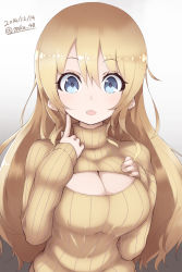 Rule 34 | 10s, 1girl, 2014, alternate costume, atago (kancolle), blonde hair, blue eyes, breasts, cleavage, cleavage cutout, clothing cutout, dated, finger to cheek, highres, kantai collection, large breasts, long hair, meme attire, mku, open-chest sweater, open mouth, ribbed sweater, solo, sweater, twitter username