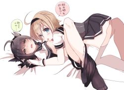 Rule 34 | 10s, 2girls, ahoge, ass, bad id, bad twitter id, black gloves, black legwear, blush, cis (carcharias), dripping, frown, gloves, hatsuzuki (kancolle), hand grab, kantai collection, knees up, multiple girls, panties, panties around leg, pantyhose, pantyhose around one leg, saliva, saliva trail, simple background, single thighhigh, teruzuki (kancolle), thighhighs, tongue, tongue out, translated, underwear, white background, white gloves, white legwear, yuri
