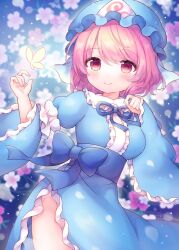 Rule 34 | 1girl, animal, blue hat, blue kimono, blush, bug, butterfly, closed mouth, coa (chroo x), frilled sleeves, frills, hat, insect, japanese clothes, kimono, long sleeves, mob cap, pink eyes, pink hair, saigyouji yuyuko, short hair, sleeve garter, smile, solo, touhou, triangular headpiece, upper body, wide sleeves