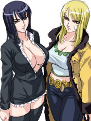 Rule 34 | 2girls, age difference, belt, black dress, black hair, black legwear, blonde hair, blunt bangs, boots, breasts, brown eyes, center opening, cleavage, coat, denim, dress, female focus, jacket, jeans, kagami hirotaka, large breasts, legs, long hair, looking at viewer, mature female, midriff, mother and daughter, multiple girls, nico olvia, nico robin, nico robin (water 7), one piece, open clothes, open jacket, open shirt, pants, patch, serious, shirt, simple background, thighhighs, thighs, unzipped, yellow eyes, zettai ryouiki