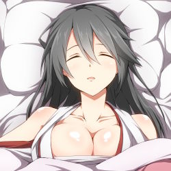 Rule 34 | 10s, 1girl, bad id, bad pixiv id, black hair, blanket, blush, breasts, cleavage, closed eyes, haruna (kancolle), highres, japanese clothes, kantai collection, large breasts, long hair, lying, on back, open mouth, personification, pillow, shinsono shiroko, sleeping, solo