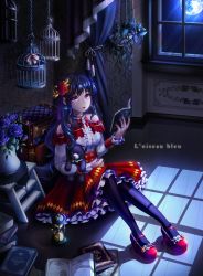 Rule 34 | 1girl, absurdres, black hair, black pantyhose, book, book stack, cage, curtains, flower, french text, hair flower, hair ornament, high heels, highres, holding, holding book, holding stuffed toy, hourglass, huge filesize, keyhole, long hair, looking at viewer, moon, nail polish, night, nyamunyamu, open book, original, pantyhose, pectorals, plant, purple eyes, purple nails, red flower, red rose, rose, solo, stuffed animal, stuffed toy, teddy bear, vase, window