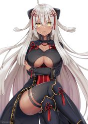 Rule 34 | 1girl, ahoge, black bow, black choker, black dress, black panties, black thighhighs, blush, bow, breasts, choker, cleavage, closed mouth, collarbone, commentary, crossed arms, crossed legs, dress, fate/grand order, fate (series), frown, hair between eyes, hair bow, hair ornament, hair ribbon, highres, kaetzchen, large breasts, long hair, looking at viewer, majin saber, okita souji (fate), okita souji alter (fate), panties, red ribbon, ribbon, sitting, solo, thighhighs, underboob, underwear, v-shaped eyebrows, very long hair, white background, white hair, yellow eyes