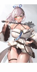 Rule 34 | 1girl, :q, absurdres, bare shoulders, belt, black choker, black panties, blush, breasts, choker, cleavage, collarbone, detached sleeves, dress, green eyes, hair between eyes, hair ornament, hair ribbon, hairclip, hand on own hip, highres, holding mace, hololive, holster, large breasts, letterboxed, long hair, looking at viewer, maison de cante, over shoulder, panties, ponytail, ribbon, shirogane noel, shirogane noel (5th costume), side-tie panties, smile, solo, sweat, thick thighs, thigh gap, thigh strap, thighs, tongue, tongue out, underwear, virtual youtuber, weapon, weapon over shoulder, white dress, white hair, white sleeves, wide sleeves