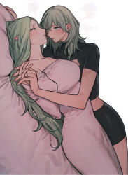 Rule 34 | 2girls, black shorts, blush, breasts, byleth (female) (fire emblem), byleth (fire emblem), dress, eye contact, fire emblem, fire emblem: three houses, green eyes, green hair, hair between eyes, half-closed eyes, highres, holding hands, ikarin, jewelry, large breasts, long hair, looking at another, lying, medium hair, multiple girls, nintendo, parted lips, pointy ears, rhea (fire emblem), ring, scar, scar on arm, short sleeves, shorts, simple background, white background, white dress, yuri