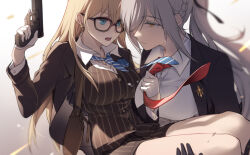 Rule 34 | 2girls, black-framed eyewear, black gloves, black jacket, black ribbon, black shirt, blonde hair, blue eyes, blue flower, blue necktie, braid, breasts, buttoned cuffs, buttons, carrying, carrying person, cartonbox (zhixiang zhi), chinese commentary, closed mouth, collared shirt, commentary request, dated commentary, diagonal-striped clothes, diagonal-striped necktie, earrings, flower, french braid, glasses, glock, gloves, grey hair, gun, hair between eyes, hair over one eye, hair ribbon, half gloves, hancock (warship girls r), hand up, handgun, holding, holding gun, holding necktie, holding weapon, jacket, jewelry, large breasts, lexington (warship girls r), long hair, long sleeves, looking at another, multiple girls, necktie, one eye covered, open clothes, open jacket, open mouth, princess carry, red necktie, ribbon, shirt, sidelocks, striped clothes, teeth, upper teeth only, warship girls r, weapon, white gloves, white shirt, yellow eyes