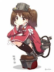 Rule 34 | 10s, 1girl, amagai tarou, brown eyes, brown hair, hand on own cheek, hand on own face, kantai collection, looking at viewer, personification, ryuujou (kancolle), skirt, solo, squatting, twintails, twitter username, visor cap, white background