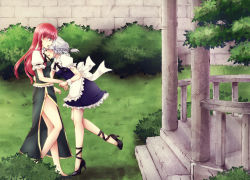 Rule 34 | 2girls, bad id, bad pixiv id, braid, embodiment of scarlet devil, closed eyes, female focus, frills, garden, geike, high heels, highres, holding another&#039;s wrist, hong meiling, izayoi sakuya, maid, multiple girls, open mouth, profile, red hair, shoes, silver hair, touhou, yuri