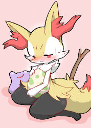 Rule 34 | . ., 1girl, absurdres, animal ear fluff, animal ears, animal feet, animal nose, averting eyes, black eyes, black fur, blush, body fur, botan (tabon00001942), braixen, closed mouth, creatures (company), ditto, egg, embarrassed, female focus, forehead, fox ears, fox girl, fox tail, full body, furry, furry female, game freak, gen 1 pokemon, gen 6 pokemon, hand up, happy, highres, holding, holding egg, looking to the side, multicolored fur, neck fur, nintendo, nose blush, open mouth, pink background, pokemon, pokemon (creature), pokemon egg, red eyes, simple background, sitting, slime (creature), smile, snout, solo focus, stick, sweat, tail, tears, textless version, thick thighs, thighs, wariza, white fur, yellow fur