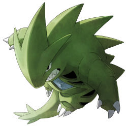 Rule 34 | angry, black eyes, bright pupils, claws, clenched teeth, creatures (company), from above, full body, game freak, gen 2 pokemon, highres, looking afar, nintendo, no humans, pokemon, pokemon (creature), pokemon gsc, ryanpei, sharp teeth, simple background, solo, spikes, tail, teeth, tyranitar, white background